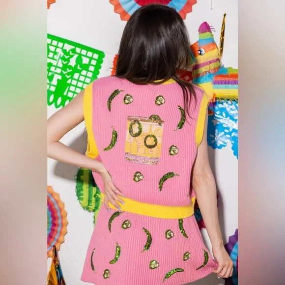 Queen of Sparkles Spicy Margarita Jalapeño Sequin Sweater Vest L NWOT - Picture 3 of 12